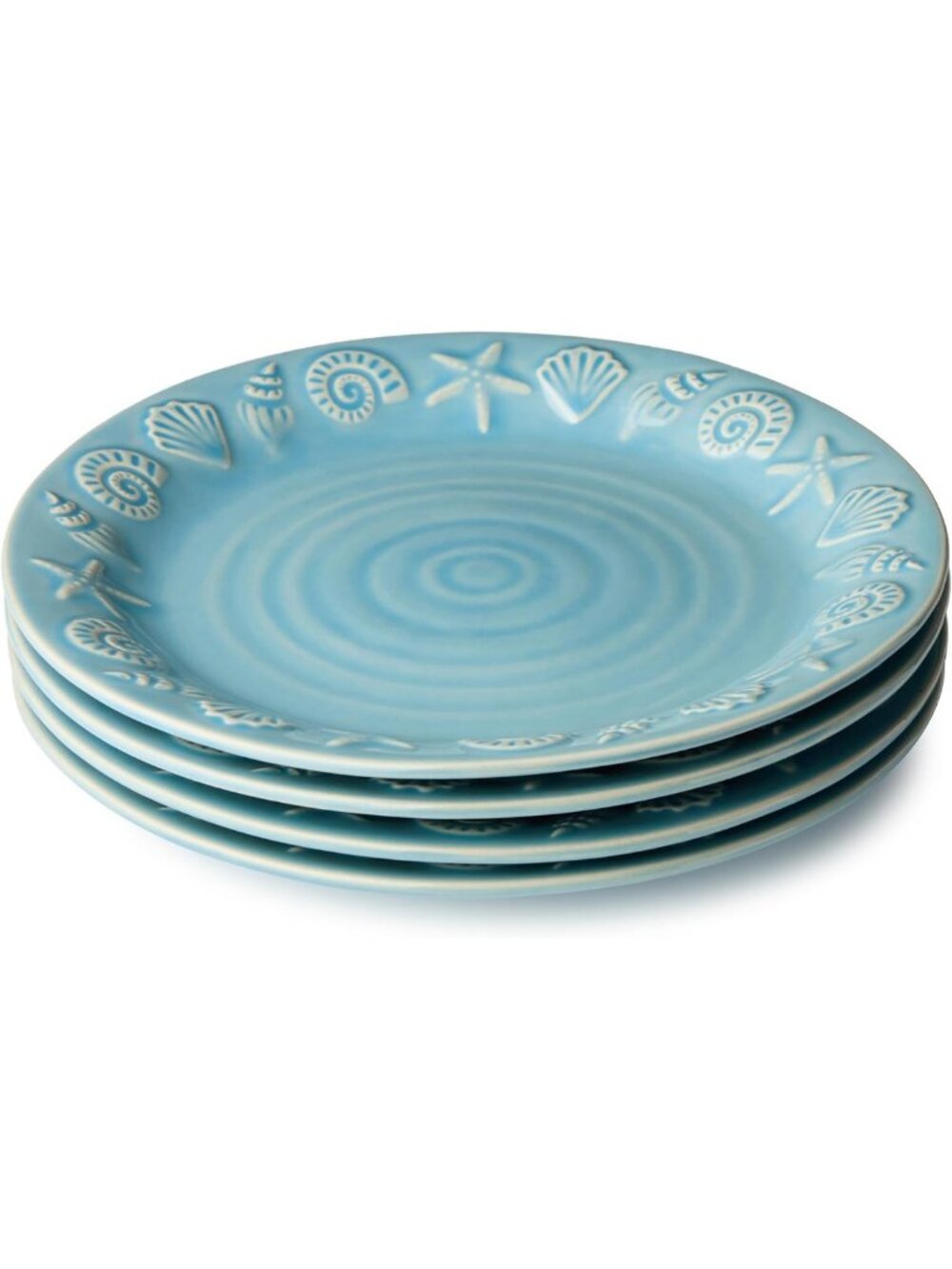 Coastal Shell & Starfish Dinner Plates Set of 4 - 10.5" Glossy Sea-Blue Glaze